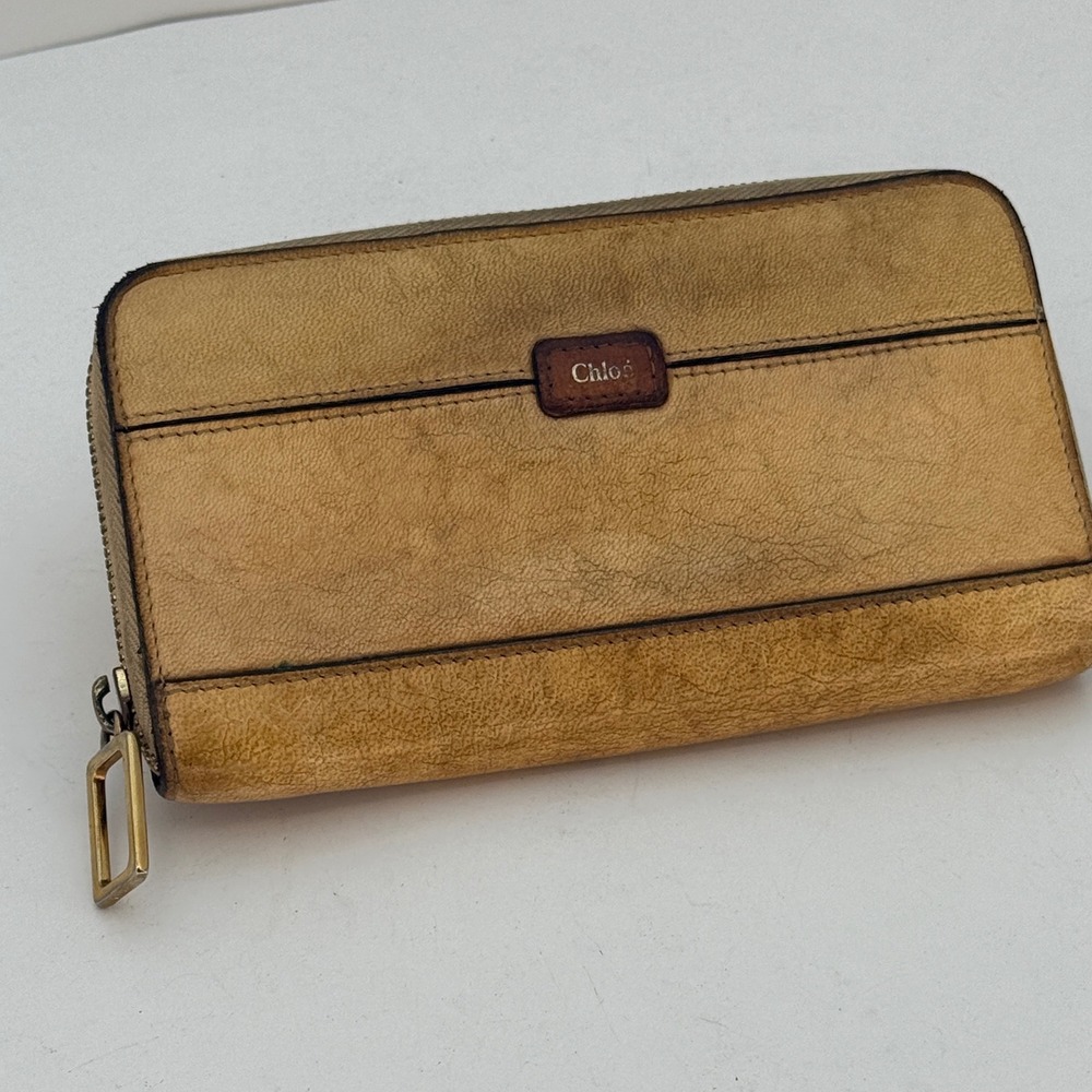 Chloe Tan Leather Zip Around Long Wallet Gold Hardware Vintage Patina Italy - Picture 4 of 15